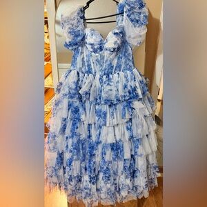 Blue and White Floral Ruffle Dress